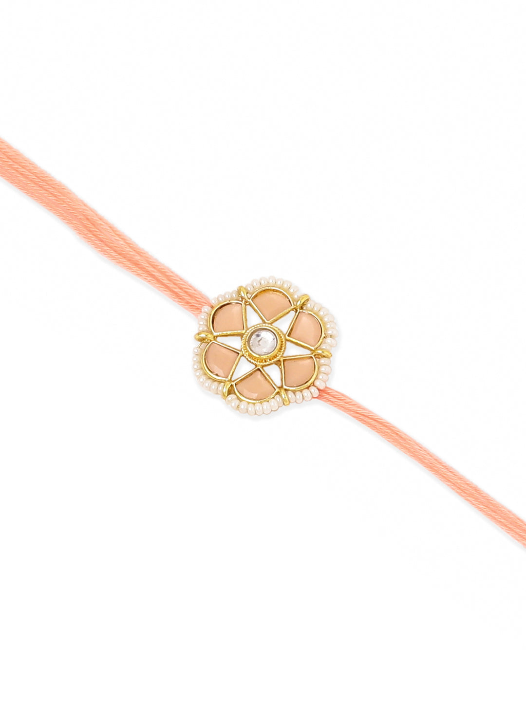 NVR Set of 2 Peach Color Artificial Stones & Pearls Bhaiya Bhabhi Rakhi With Roli Chawal Chandan & Mishri