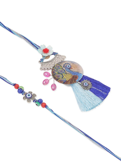 NVR Set of 2 Blue Evil Eye & Peacock Design Artificial Beads Bhaiya Bhabhi Rakhi Combo