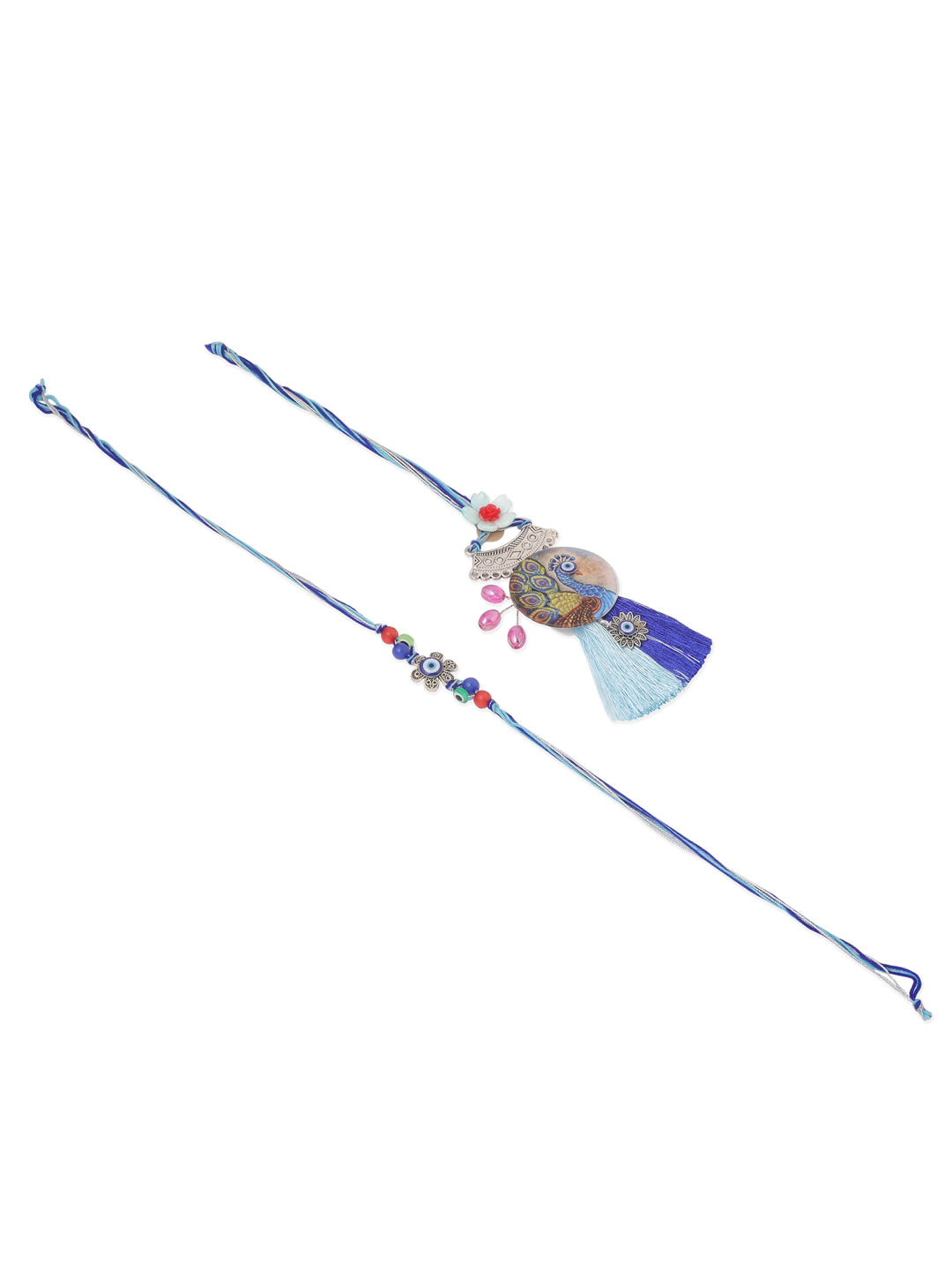 NVR Set of 2 Blue Evil Eye & Peacock Design Artificial Beads Bhaiya Bhabhi Rakhi Combo
