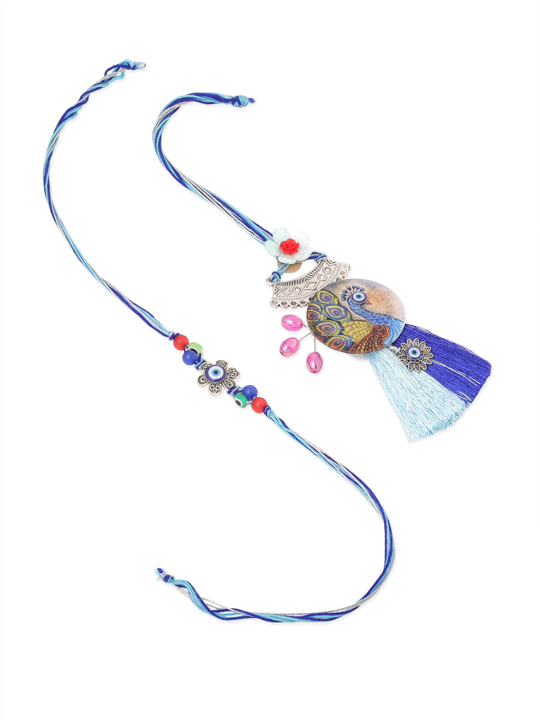 NVR Set of 2 Blue Evil Eye & Peacock Design Artificial Beads Bhaiya Bhabhi Rakhi With Roli Chawal Chandan & Mishri