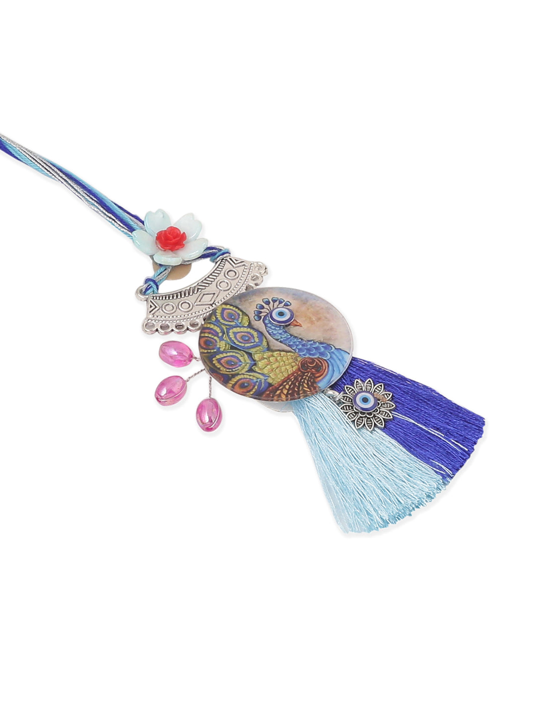 NVR Set of 2 Blue Evil Eye & Peacock Design Artificial Beads Bhaiya Bhabhi Rakhi With Roli Chawal Chandan & Mishri