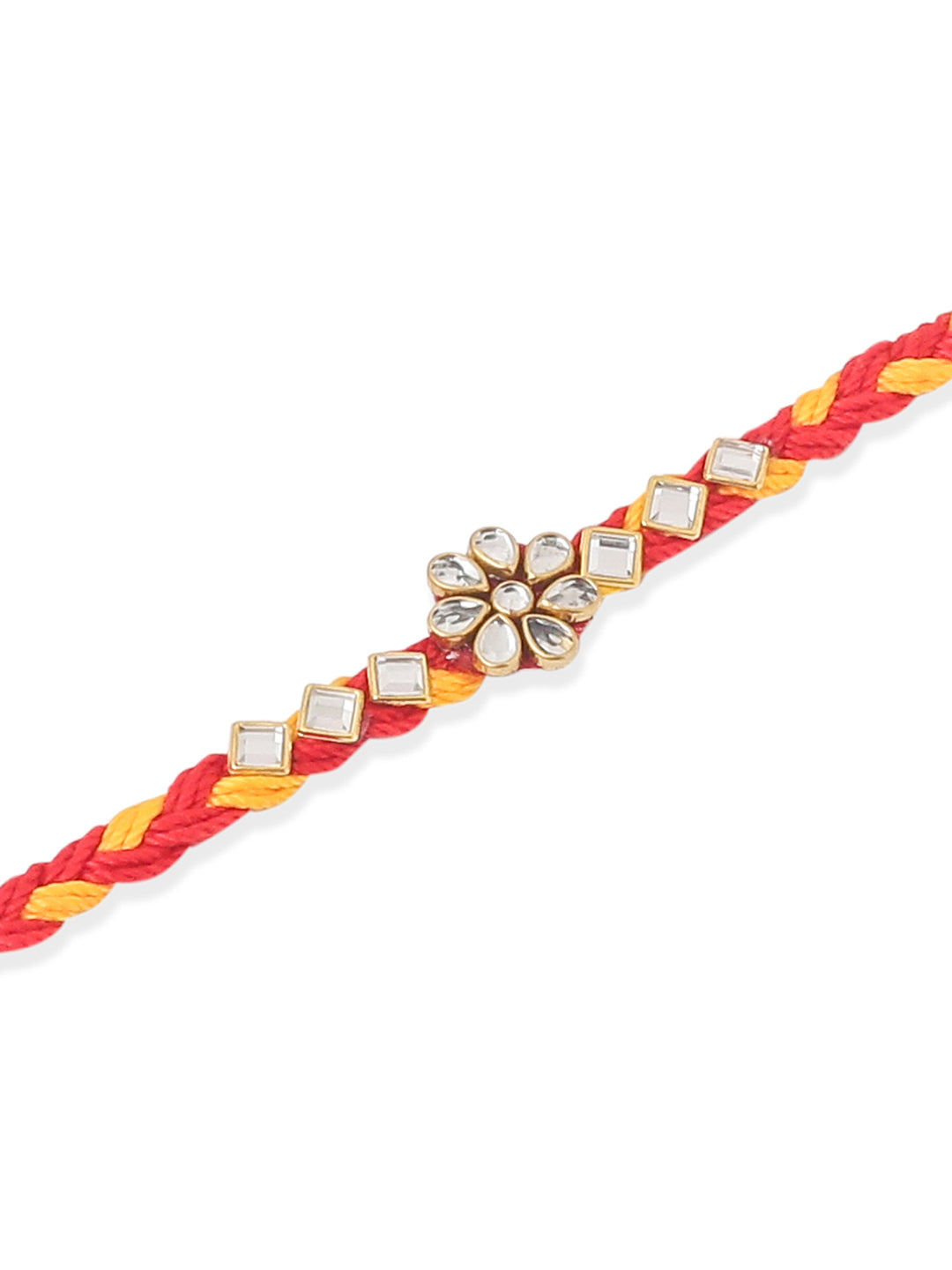 NVR Men Set of 3 Red & Yellow Kundan Studded Floral Design Thread Rakhi Combo