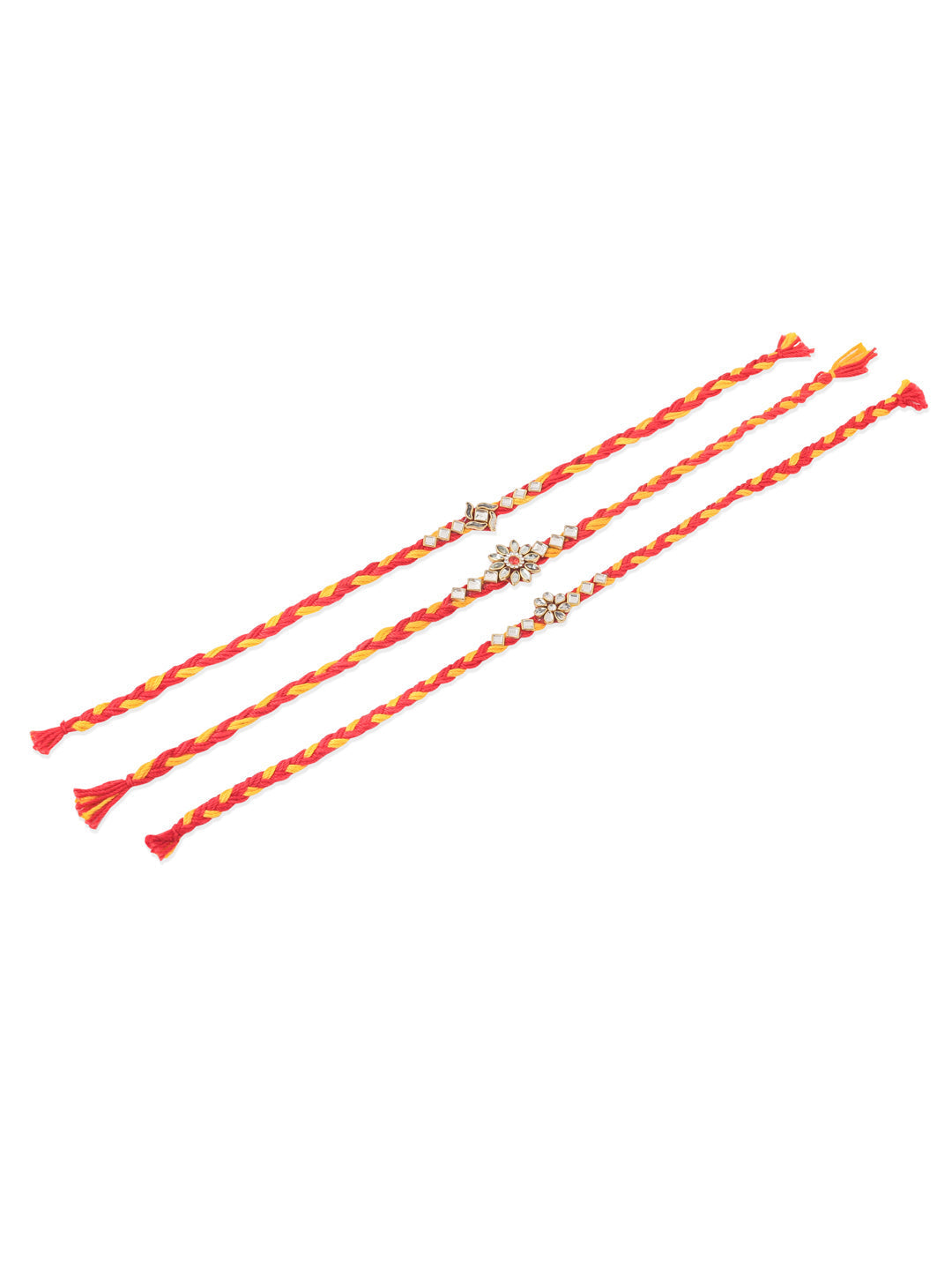 NVR Men Set of 3 Red & Yellow Kundan Studded Floral Design Thread Rakhi Combo