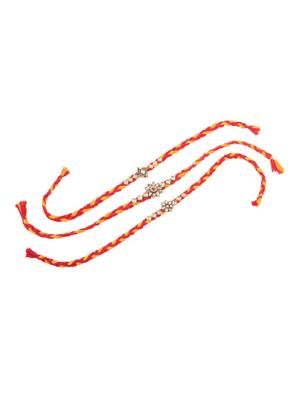 NVR Men Set of 3 Red & Yellow Kundan Studded Floral Design Thread Rakhi Combo