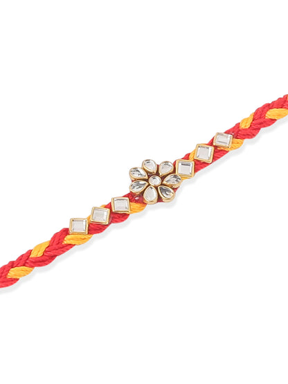 NVR Men Set of 3 Red & Yellow Kundan Studded Floral Design Thread Rakhi with Roli Chawal Chandan & Mishri