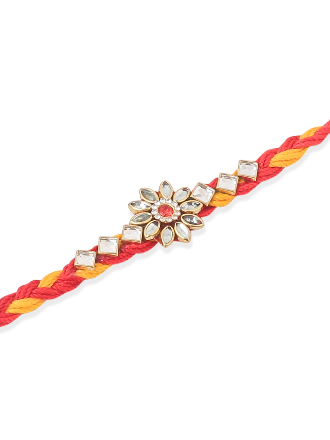 NVR Men Set of 3 Red & Yellow Kundan Studded Floral Design Thread Rakhi with Roli Chawal Chandan & Mishri