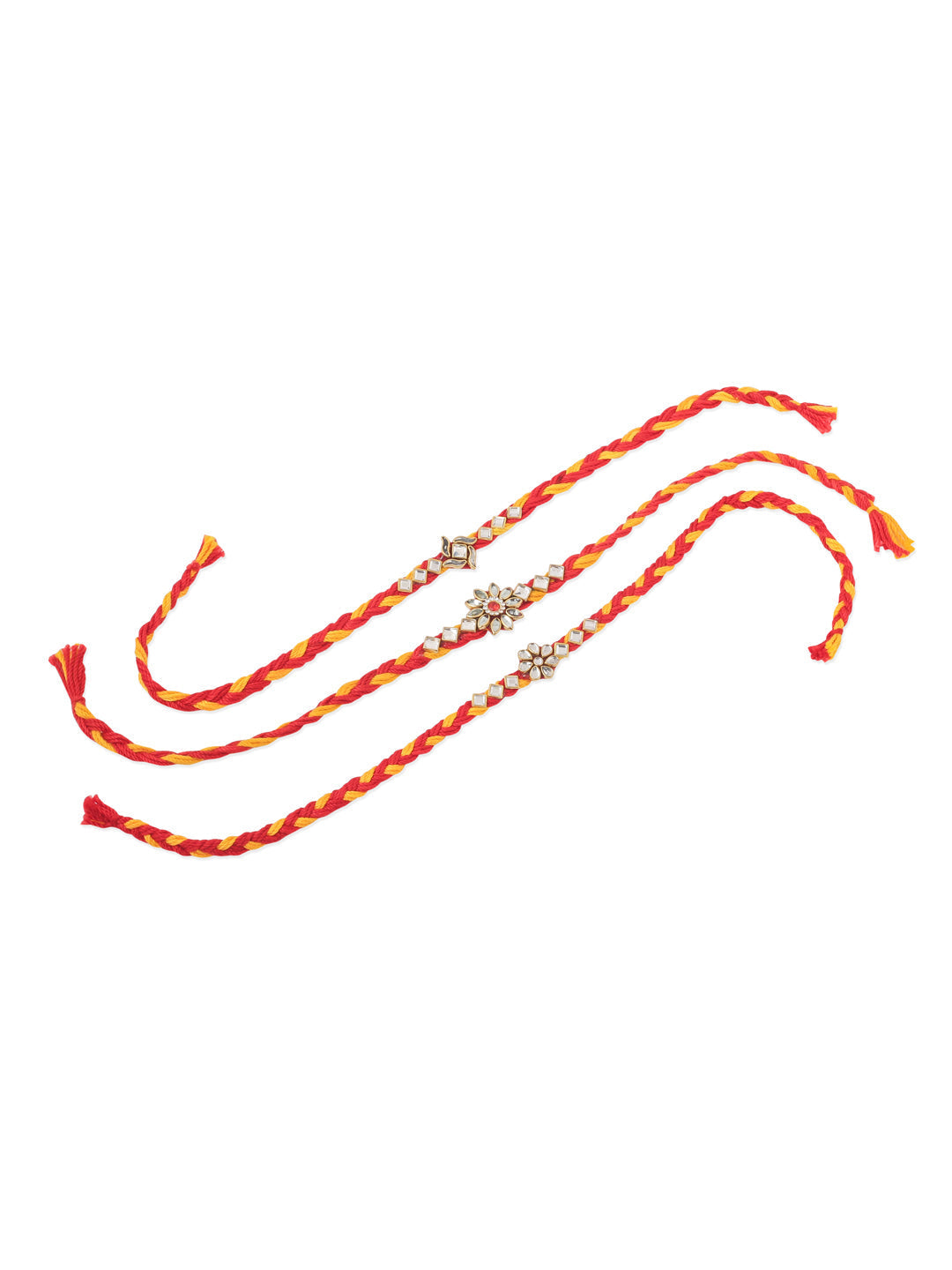 NVR Men Set of 3 Red & Yellow Kundan Studded Floral Design Thread Rakhi with Roli Chawal Chandan & Mishri