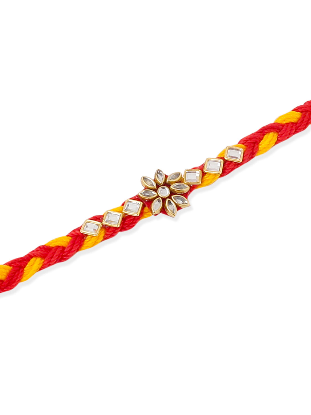 NVR Men Set of 3 Red & Yellow Kundan Studded Floral Design Thread Rakhi Combo