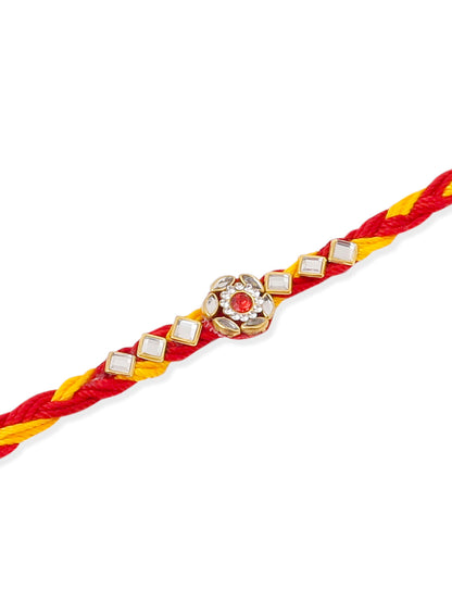 NVR Men Set of 3 Red & Yellow Kundan Studded Floral Design Thread Rakhi Combo