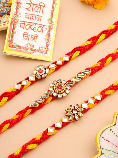 NVR Men Set of 3 Red & Yellow Kundan Studded Floral Design Thread Rakhi with Roli Chawal Chandan & Mishri