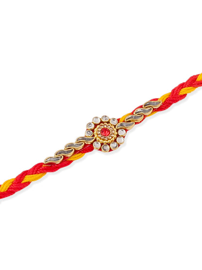 NVR Men Set of 3 Red & Yellow Kundan Studded Floral Design Thread Rakhi with Roli Chawal Chandan & Mishri