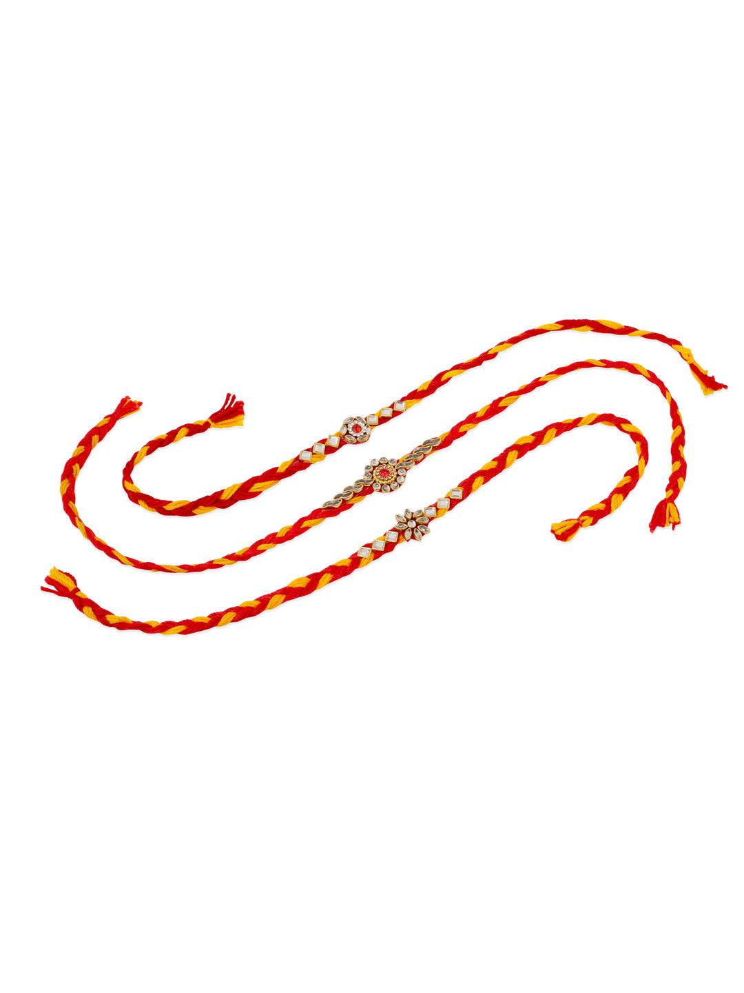 NVR Men Set of 3 Red & Yellow Kundan Studded Floral Design Thread Rakhi with Roli Chawal Chandan & Mishri