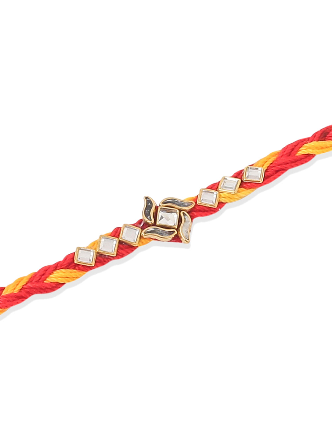NVR Men Set of 6 Red & Yellow Kundan Studded Floral Design Thread Rakhi Combo