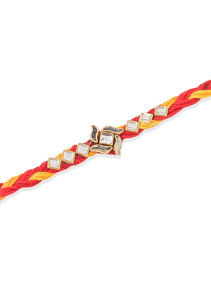 NVR Men Set of 6 Red & Yellow Kundan Studded Floral Design Thread Rakhi Combo