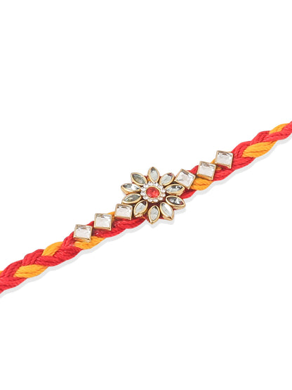 NVR Men Set of 6 Red & Yellow Kundan Studded Floral Design Thread Rakhi with Roli Chawal Chandan & Mishri