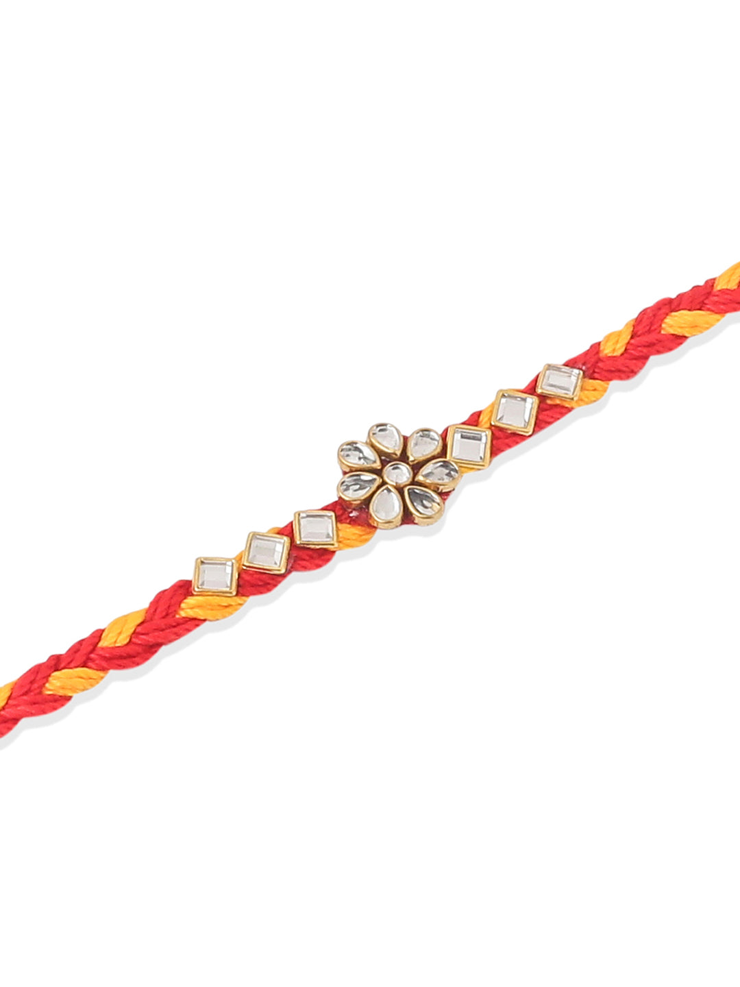NVR Men Set of 6 Red & Yellow Kundan Studded Floral Design Thread Rakhi with Roli Chawal Chandan & Mishri