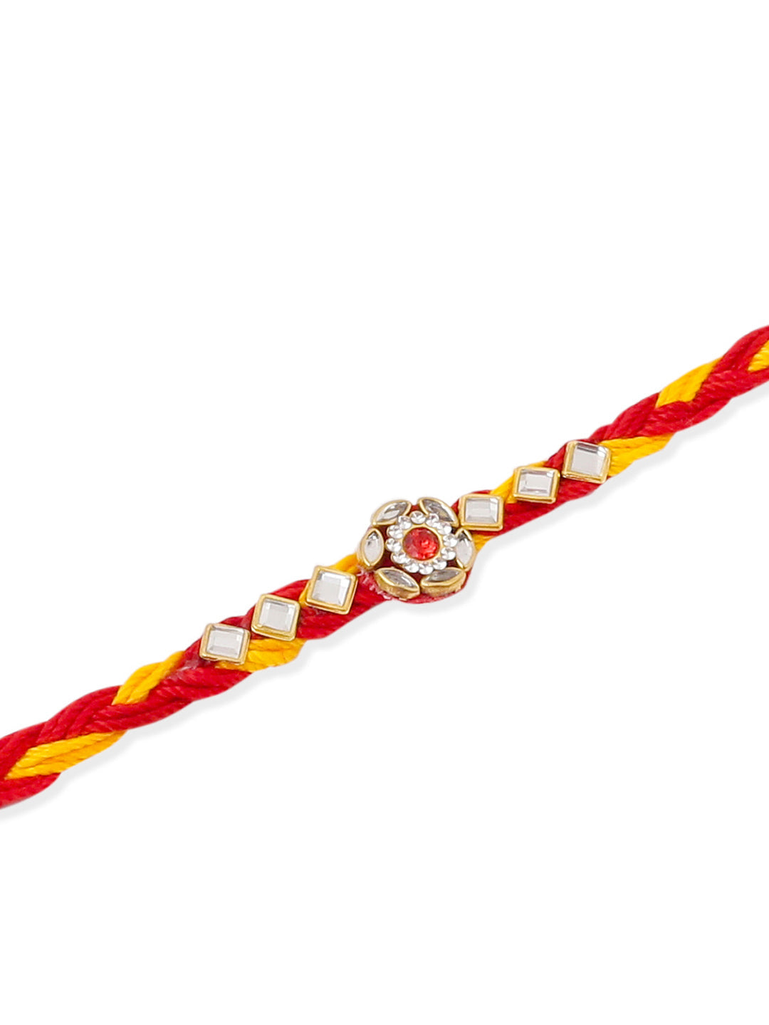 NVR Men Set of 6 Red & Yellow Kundan Studded Floral Design Thread Rakhi with Roli Chawal Chandan & Mishri