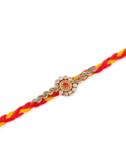 NVR Men Set of 6 Red & Yellow Kundan Studded Floral Design Thread Rakhi with Roli Chawal Chandan & Mishri