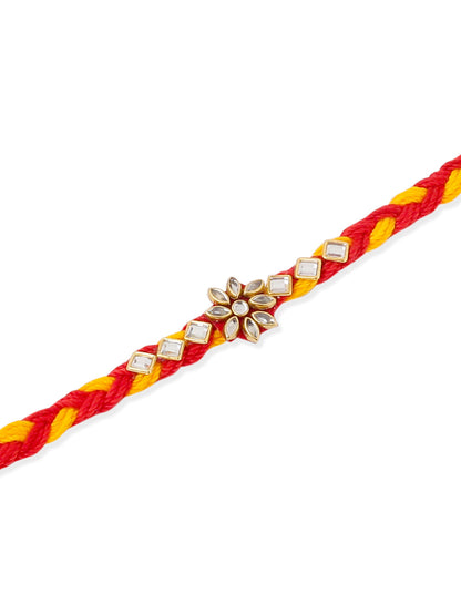 NVR Men Set of 6 Red & Yellow Kundan Studded Floral Design Thread Rakhi with Roli Chawal Chandan & Mishri