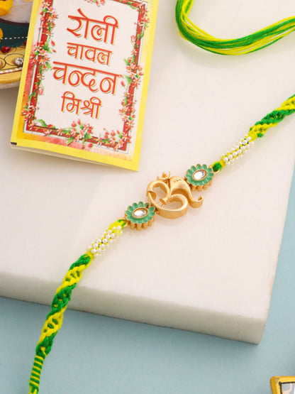 NVR Men Green Kundan Studded Om Design Thread Rakhi with Roli Chawal Chandan & Mishri