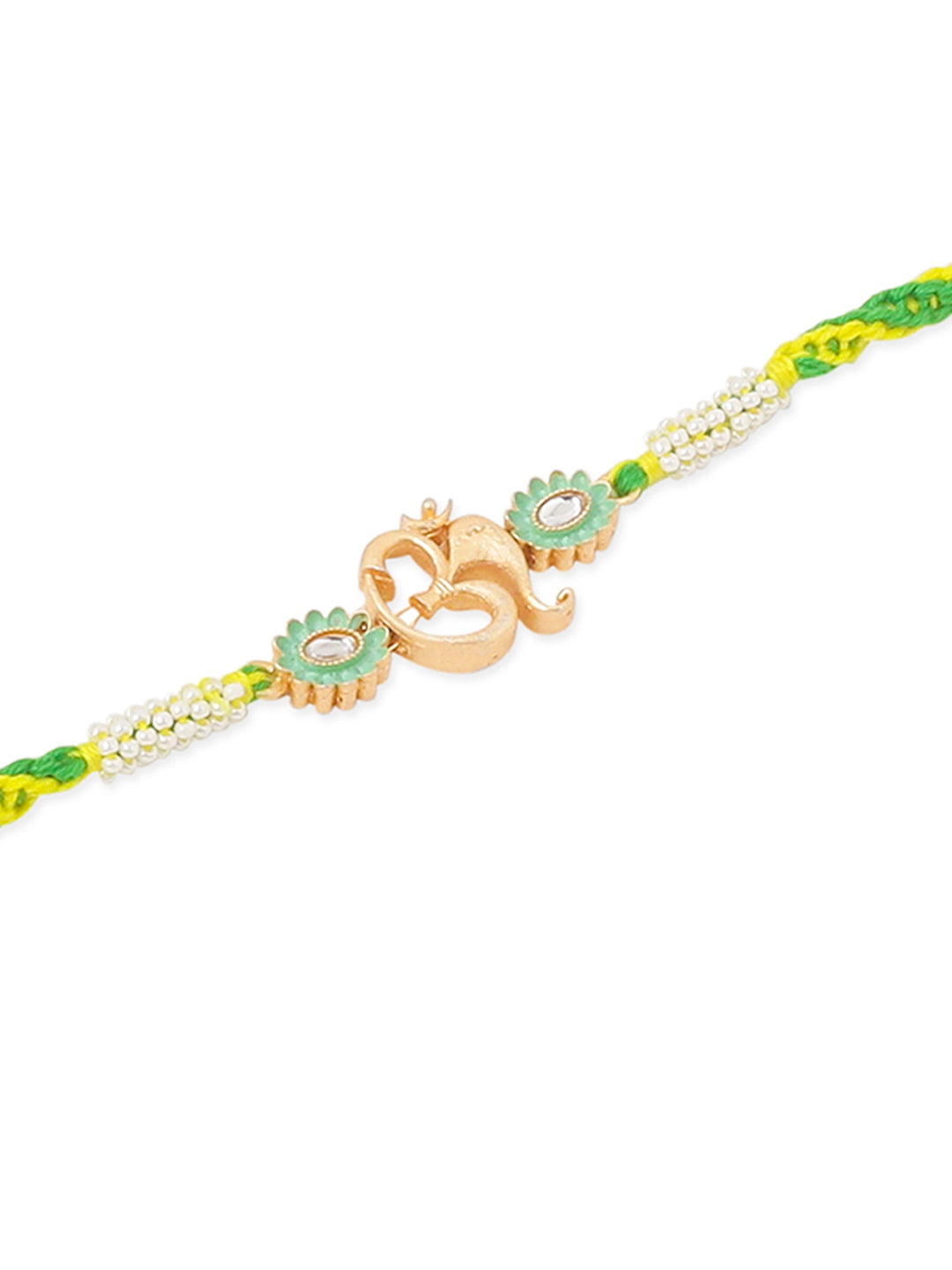 NVR Men Green Kundan Studded Om Design Thread Rakhi with Roli Chawal Chandan & Mishri