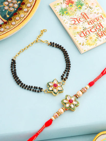 NVR Set of 2 Gold Toned Kundan Studded Floral Shape Bhaiya Bhabhi Rakhi with Roli Chawal Chandan & Mishri