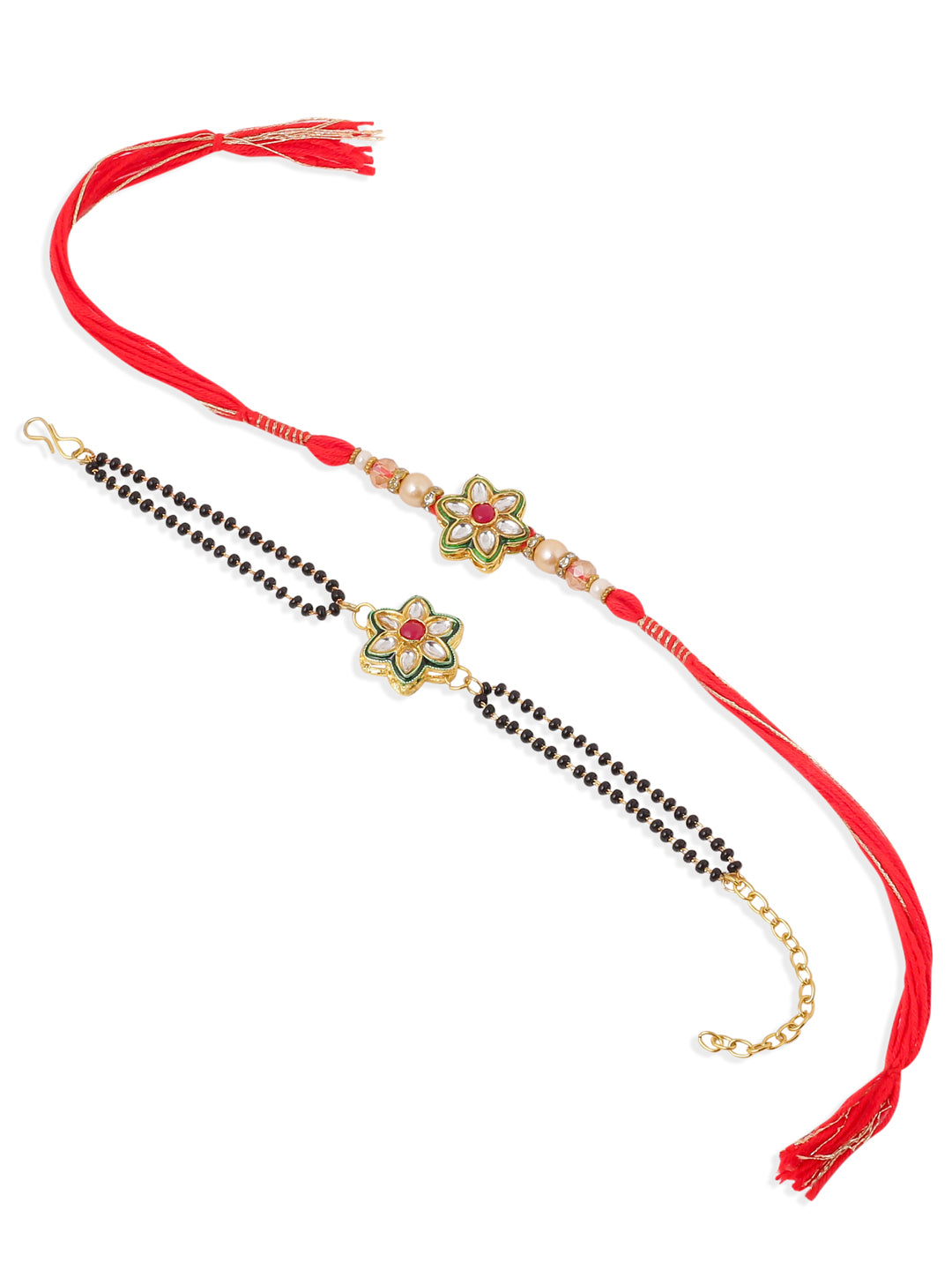 NVR Set of 2 Gold Toned Kundan Studded Floral Shape Bhaiya Bhabhi Rakhi with Roli Chawal Chandan & Mishri