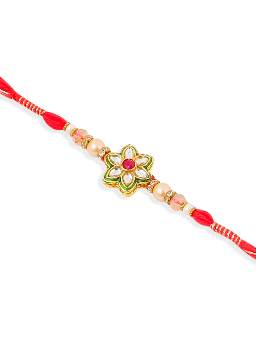 NVR Set of 2 Gold Toned Kundan Studded Floral Shape Bhaiya Bhabhi Rakhi with Roli Chawal Chandan & Mishri