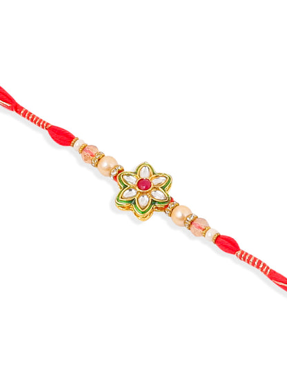 NVR Set of 2 Gold Toned Kundan Studded Floral Shape Bhaiya Bhabhi Rakhi with Roli Chawal Chandan & Mishri