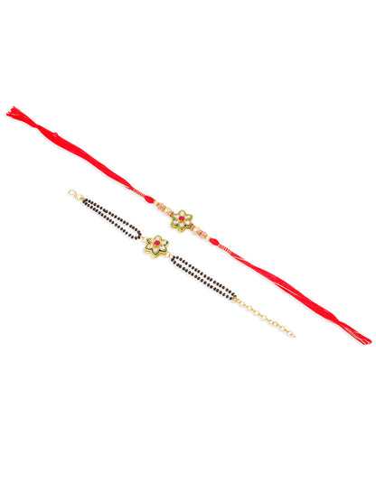 NVR Set of 2 Gold Toned Kundan Studded Floral Shape Bhaiya Bhabhi Rakhi with Roli Chawal Chandan & Mishri