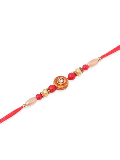 NVR Men Set of 4 Red Artificial Stones & Beads Floral Shape Thread Rakhi Combo
