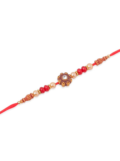 NVR Men Set of 4 Red Artificial Stones & Beads Floral Shape Thread Rakhi with Roli Chawal Chandan & Mishri