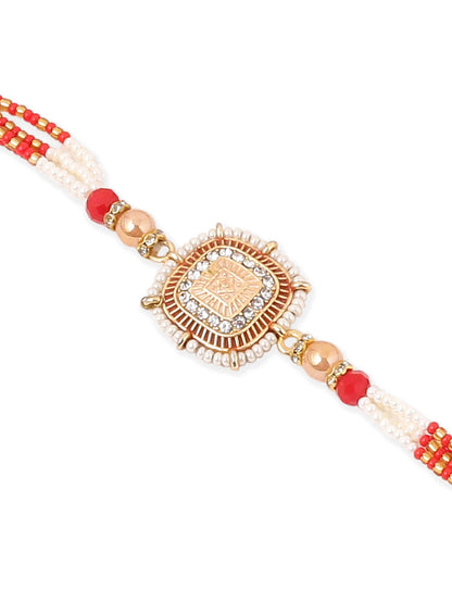 NVR Set of 2 Gold Toned Artificial Stones & Beads Om Design Bhaiya Bhabhi Rakhi Combo