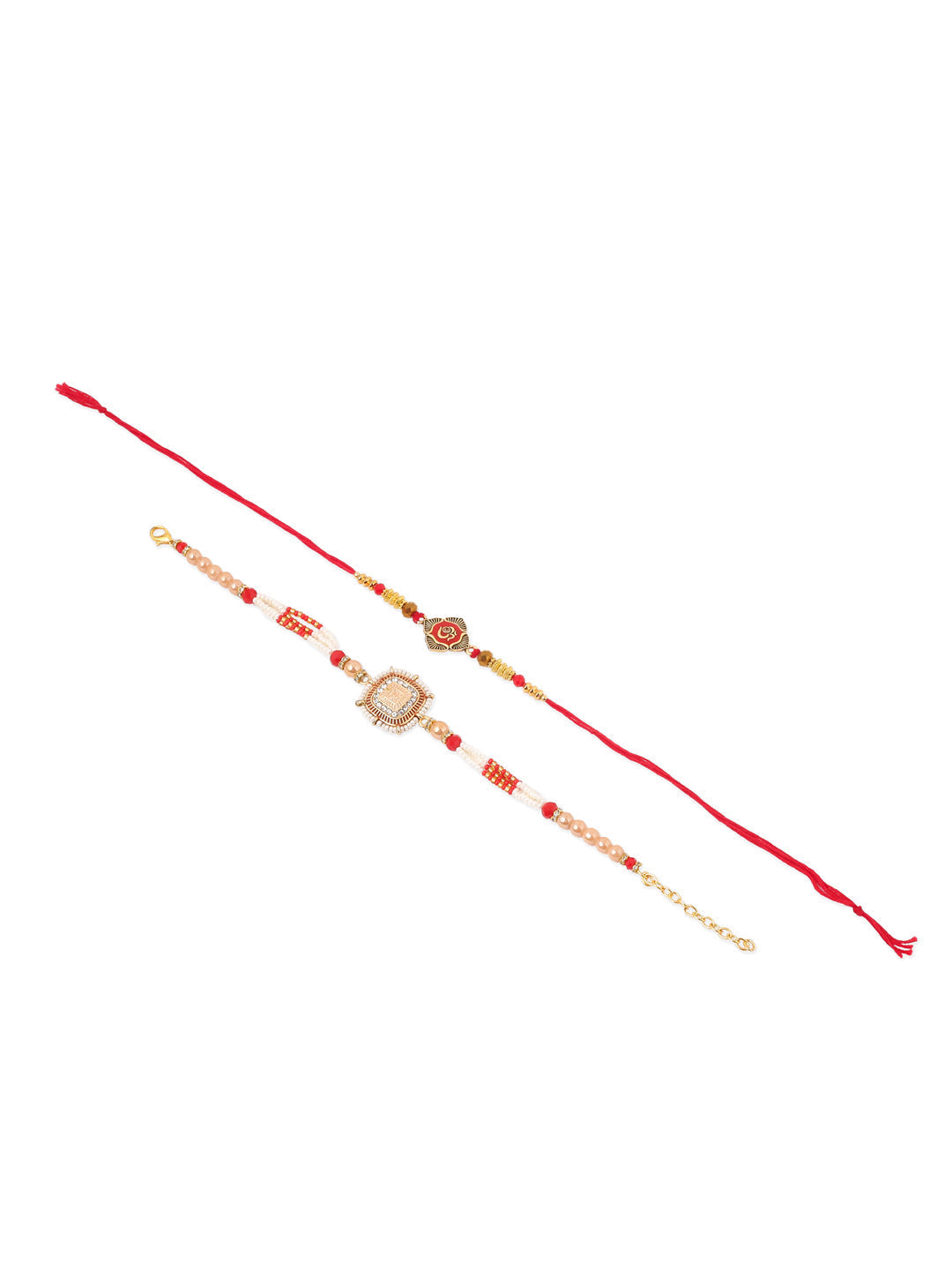 NVR Set of 2 Gold Toned Artificial Stones & Beads Om Design Bhaiya Bhabhi Rakhi Combo