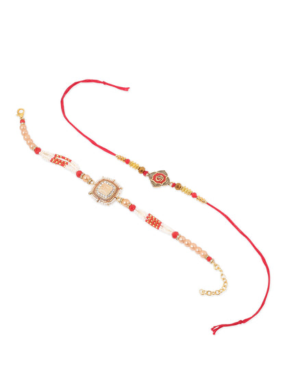 NVR Set of 2 Gold Toned Artificial Stones & Beads Om Design Bhaiya Bhabhi Rakhi with Roli Chawal Chandan & Mishri