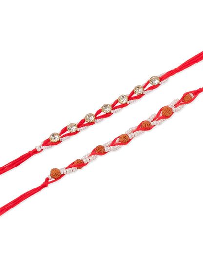 NVR Men Set of 2 Red Artificial Stones & Rudraksh Thread Rakhi, Combo for Rakshabandhan