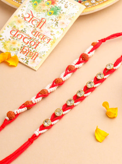 NVR Men Set of 2 Red Artificial Stones & Rudraksh Thread Rakhi with Roli Chawal Chandan & Mishri