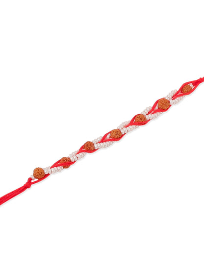 NVR Men Set of 2 Red Artificial Stones & Rudraksh Thread Rakhi with Roli Chawal Chandan & Mishri