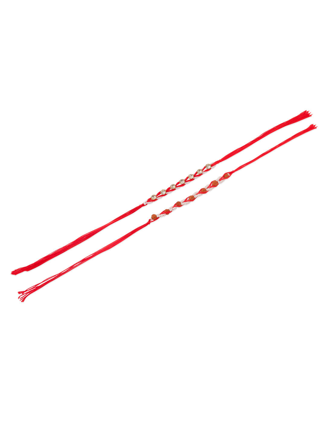 NVR Men Set of 2 Red Artificial Stones & Rudraksh Thread Rakhi with Roli Chawal Chandan & Mishri
