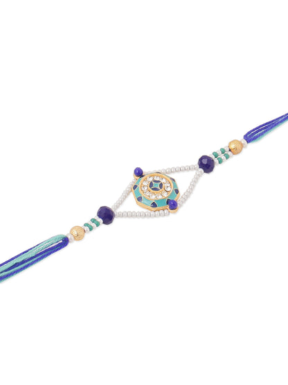 NVR Men Blue Artificial Stones & Beads Floral Design Thread Rakhi Combo