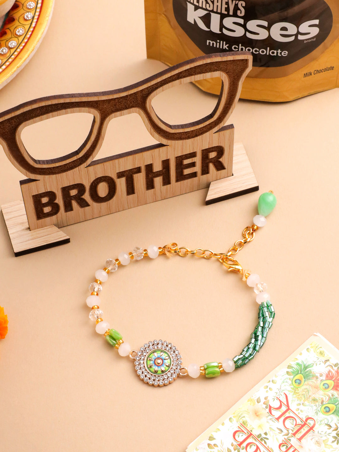 NVR Women Green Artificial Stones & Beads Floral Wraparound Rakhi, Combo for Rakshabandhan