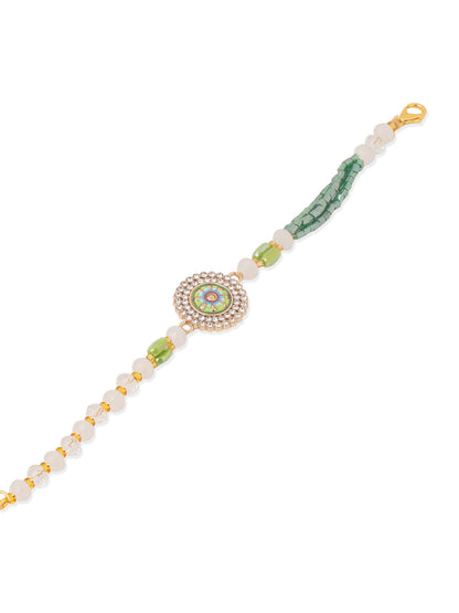 NVR Women Green Artificial Stones & Beads Floral Wraparound Rakhi with Roli Chawal Chandan & Mishri