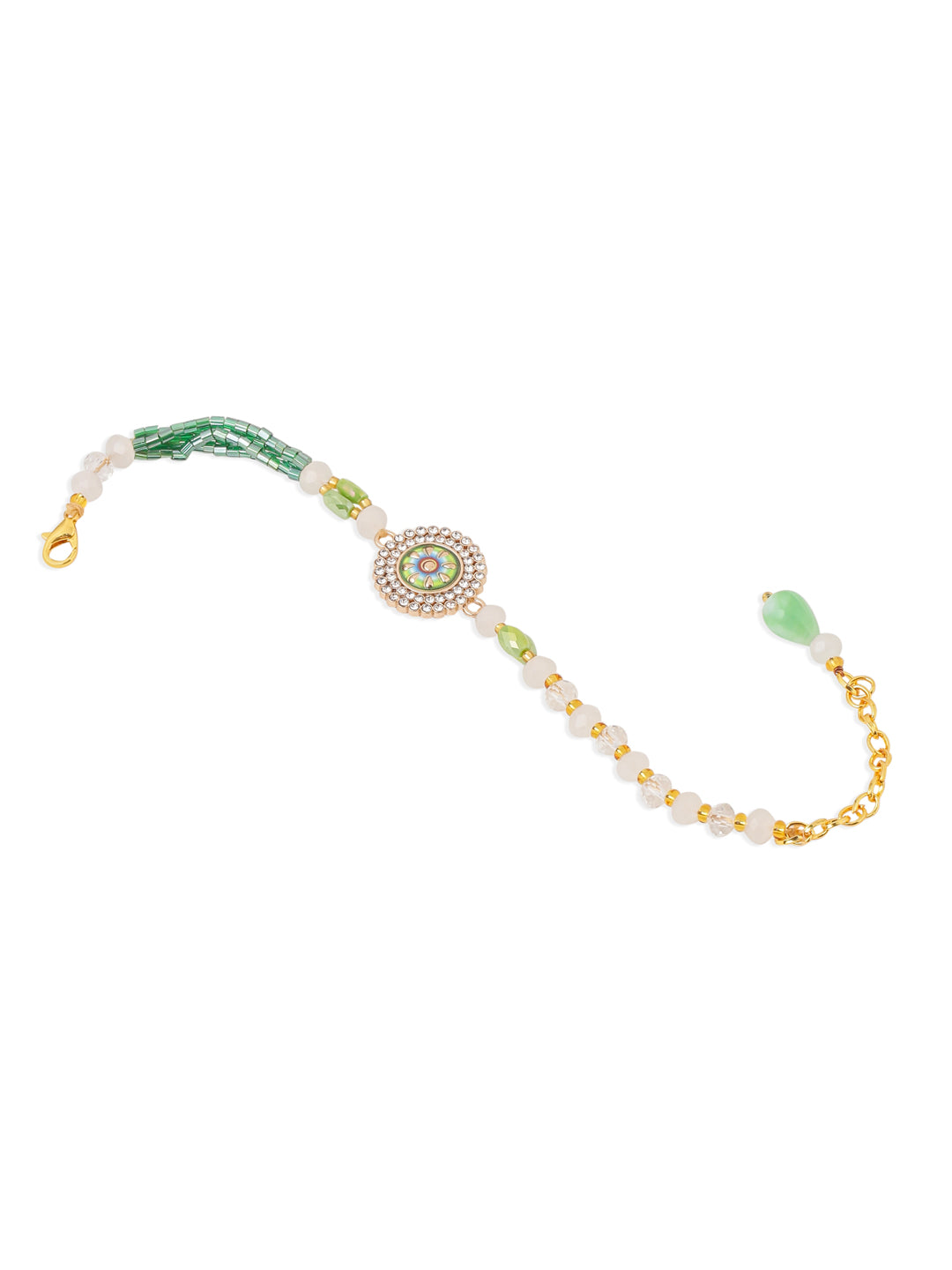 NVR Women Green Artificial Stones & Beads Floral Wraparound Rakhi with Roli Chawal Chandan & Mishri
