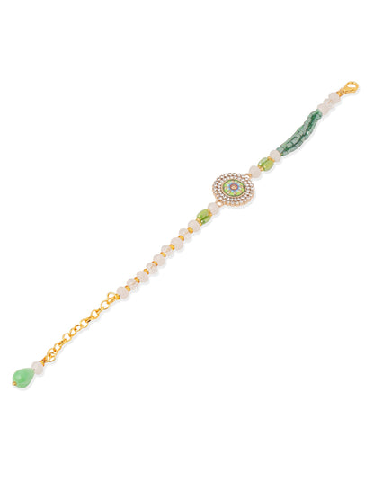 NVR Women Green Artificial Stones & Beads Floral Wraparound Rakhi with Roli Chawal Chandan & Mishri