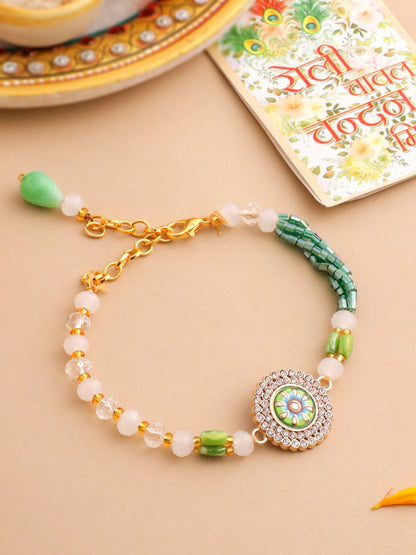 NVR Women Green Artificial Stones & Beads Floral Wraparound Rakhi with Roli Chawal Chandan & Mishri