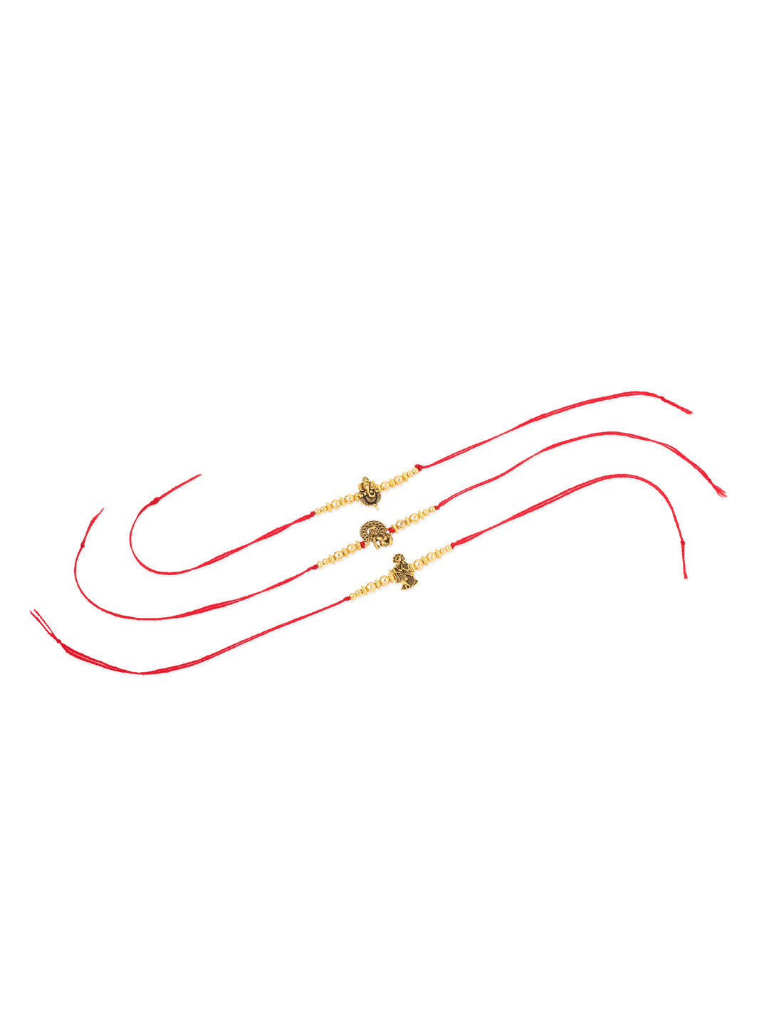 NVR Men Set of 3 Gold Toned Designer Ganesh Ji Thread Rakhi with Roli Chawal Chandan & Mishri