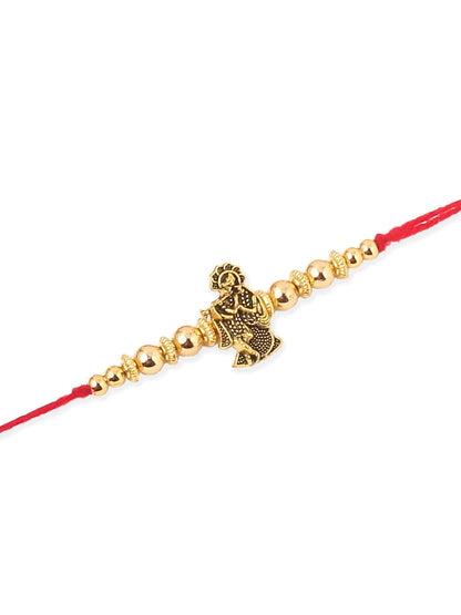 NVR Men Set of 3 Gold Toned Designer Ganesh Ji Thread Rakhi with Roli Chawal Chandan & Mishri