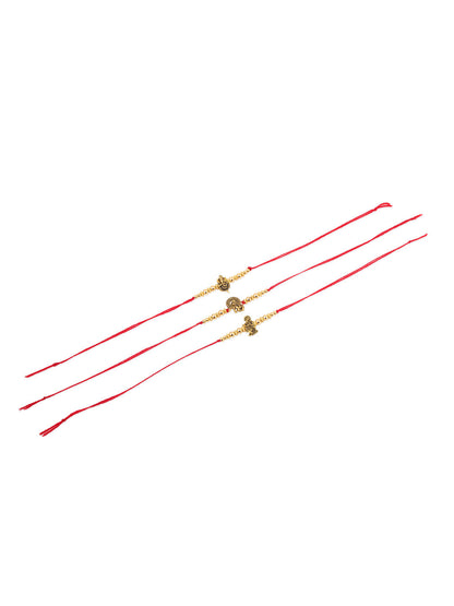 NVR Men Set of 3 Gold Toned Designer Ganesh Ji Thread Rakhi with Roli Chawal Chandan & Mishri
