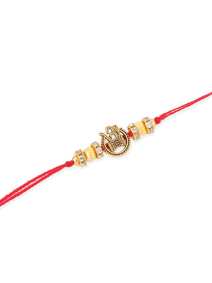 NVR Men Set of 4 Gold Toned Artificial Stones Swastik Design Thread Rakhi with Roli Chawal Chandan & Mishri