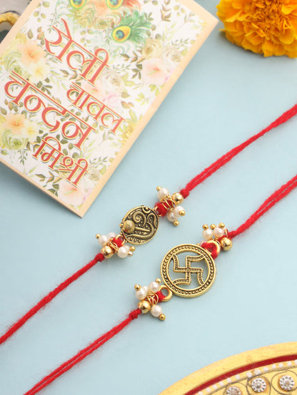 NVR Men Set of 2 Gold Toned Pearls Swastik Desgin Thread Rakhi with Roli Chawal Chandan & Mishri